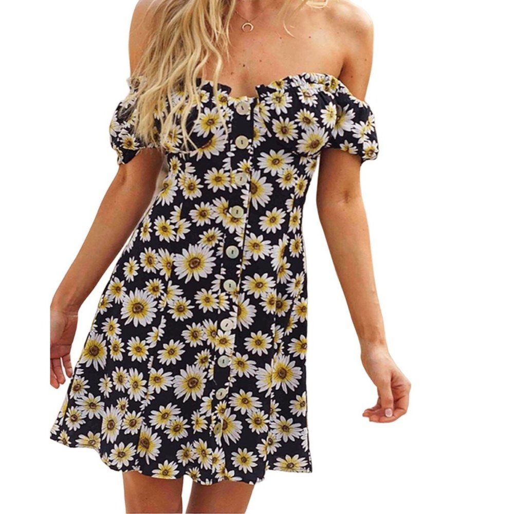 Seven Wonders Daisy Puff Sleeve Off-Shoulder Mini Dress Black White Small NWT - Picture 1 of 12